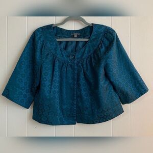 Apt. 9 Jacket Blazer Women’s Medium Turquoise Blue Embossed Swing Short Pleated